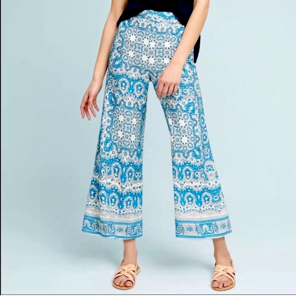 Anthropologie Blue White Feather Bone Talese Wide Leg Pants